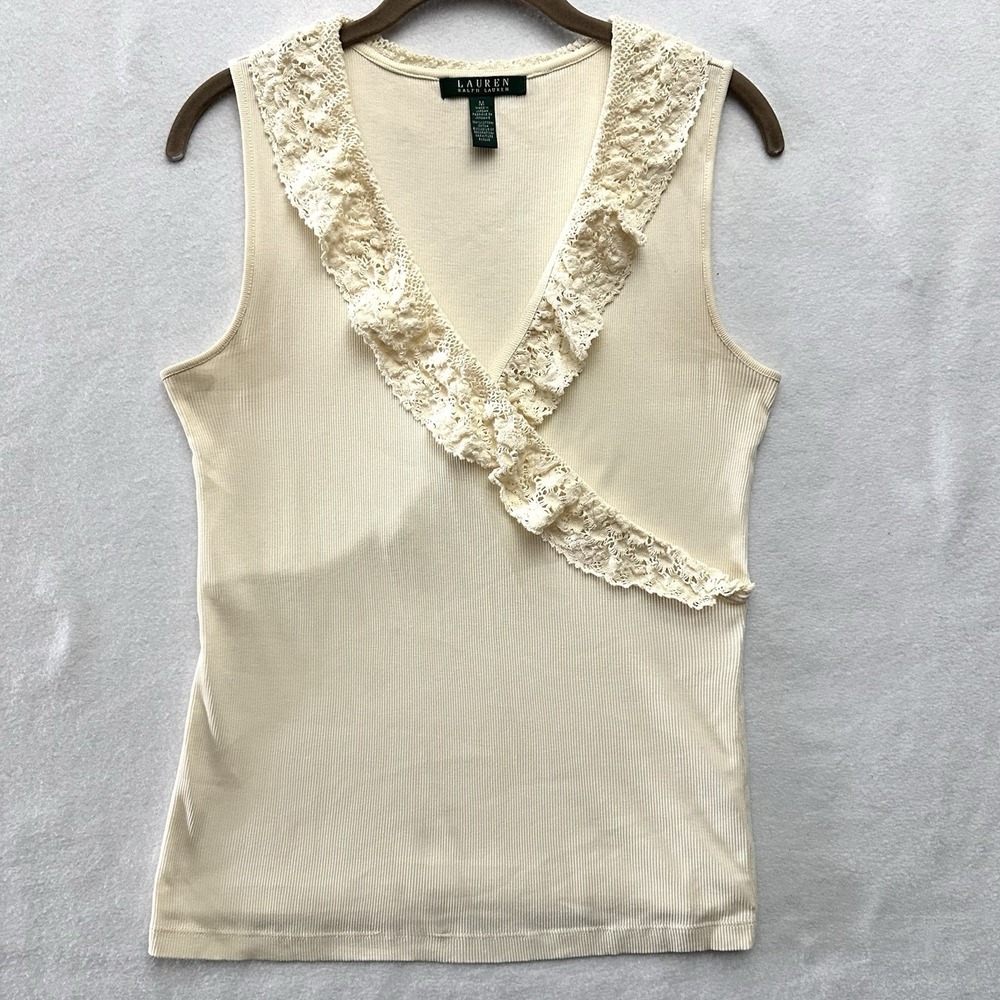 Ralph Lauren Faux Wrap Top M Medium Lace Y2K Crossover Shirt‎ Cottagecore
